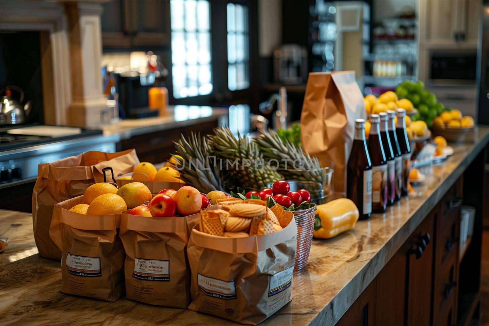 Food and drinks are arranged in paper bags and boxes on the kitchen island.