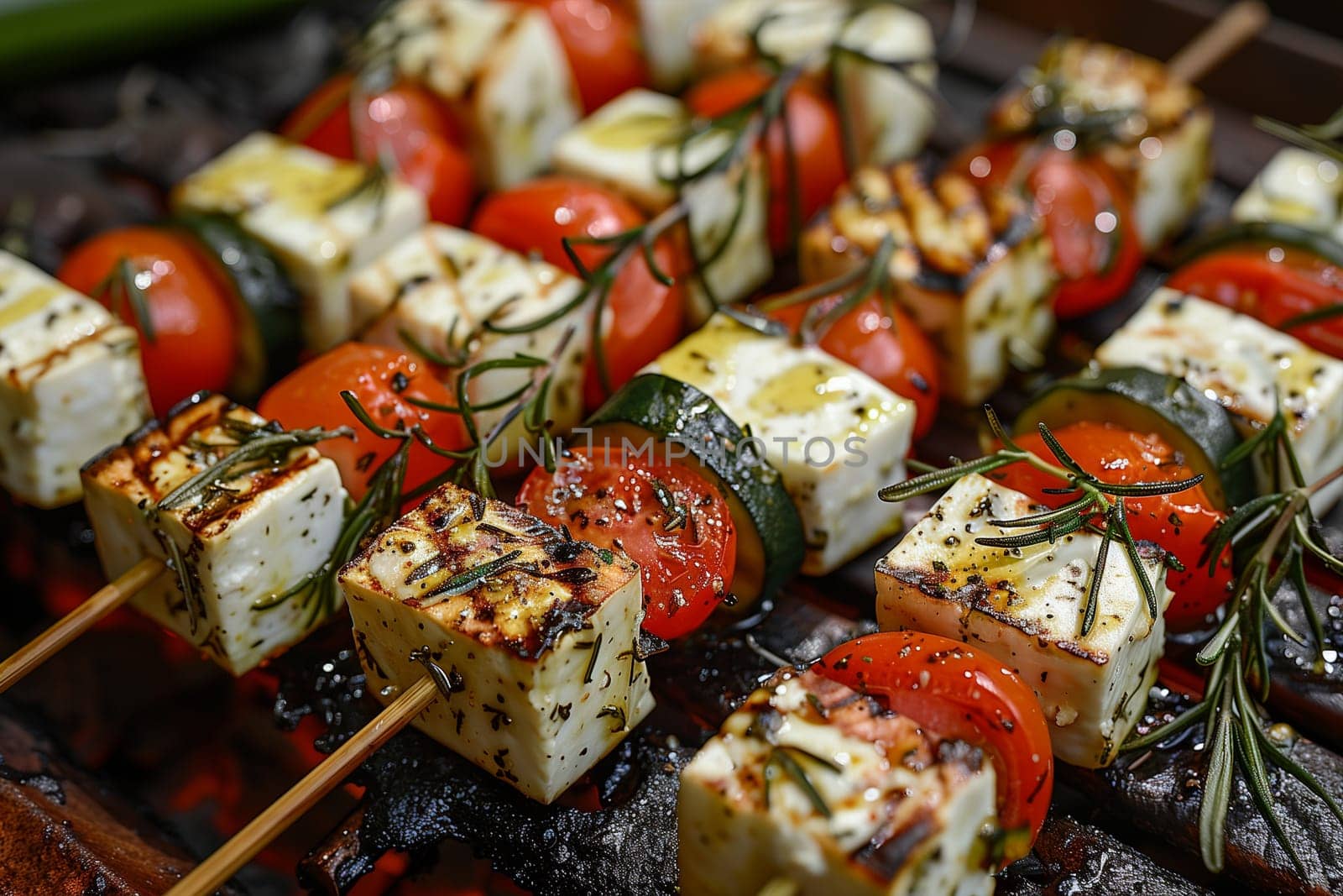 Grilled vegetarian grill skewers, tomato, sheep cheese and zucchini slices, rosemary garlic oil. Close-up