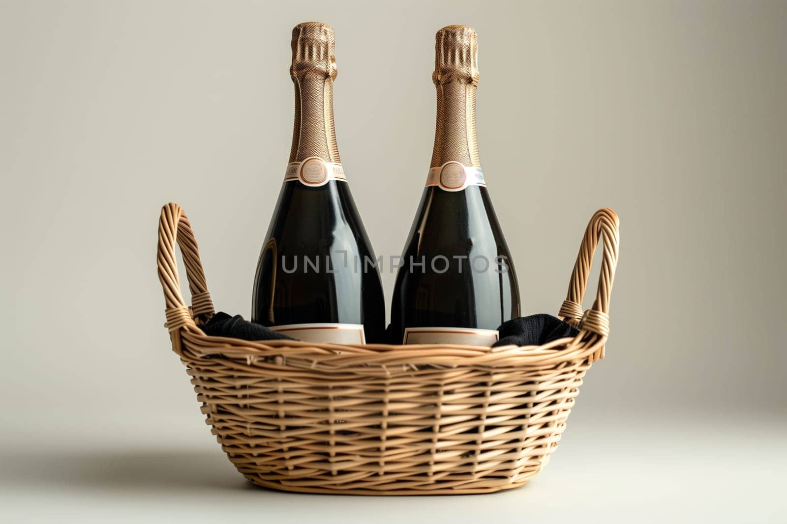 A pair of champagne bottles are nestled in a wicker basket, each adorned with an elegant golden ribbon, suggesting a celebration or a gift.