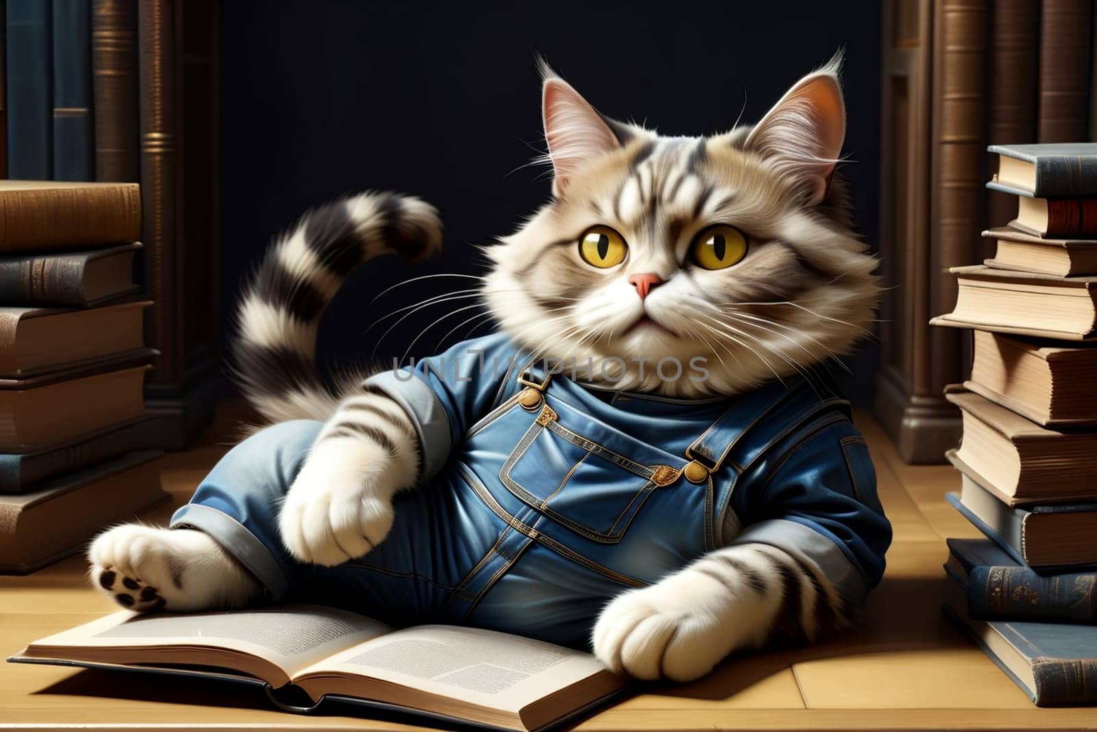 cute cat in denim overalls among books by Rawlik