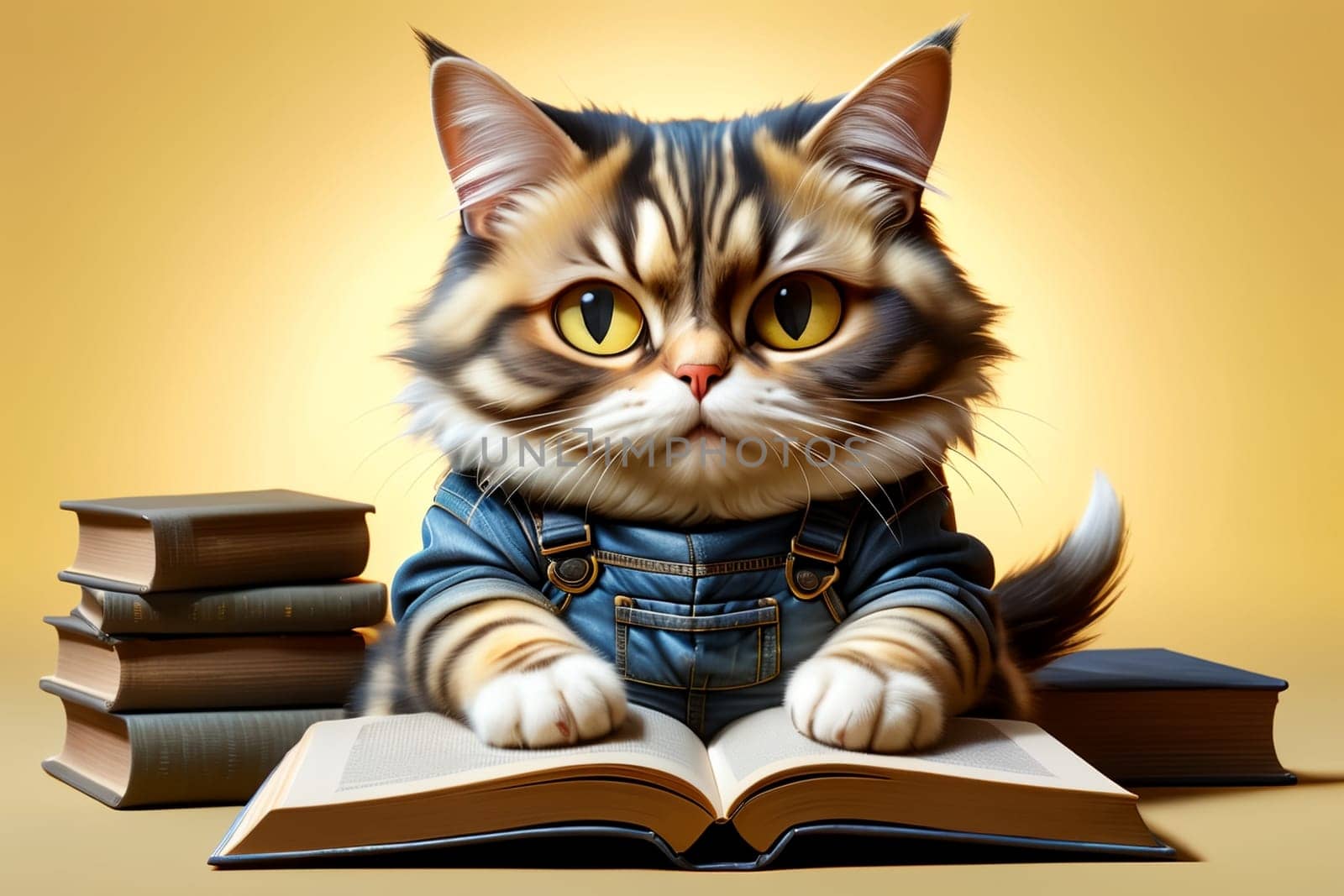 cute cat in denim overalls among books by Rawlik