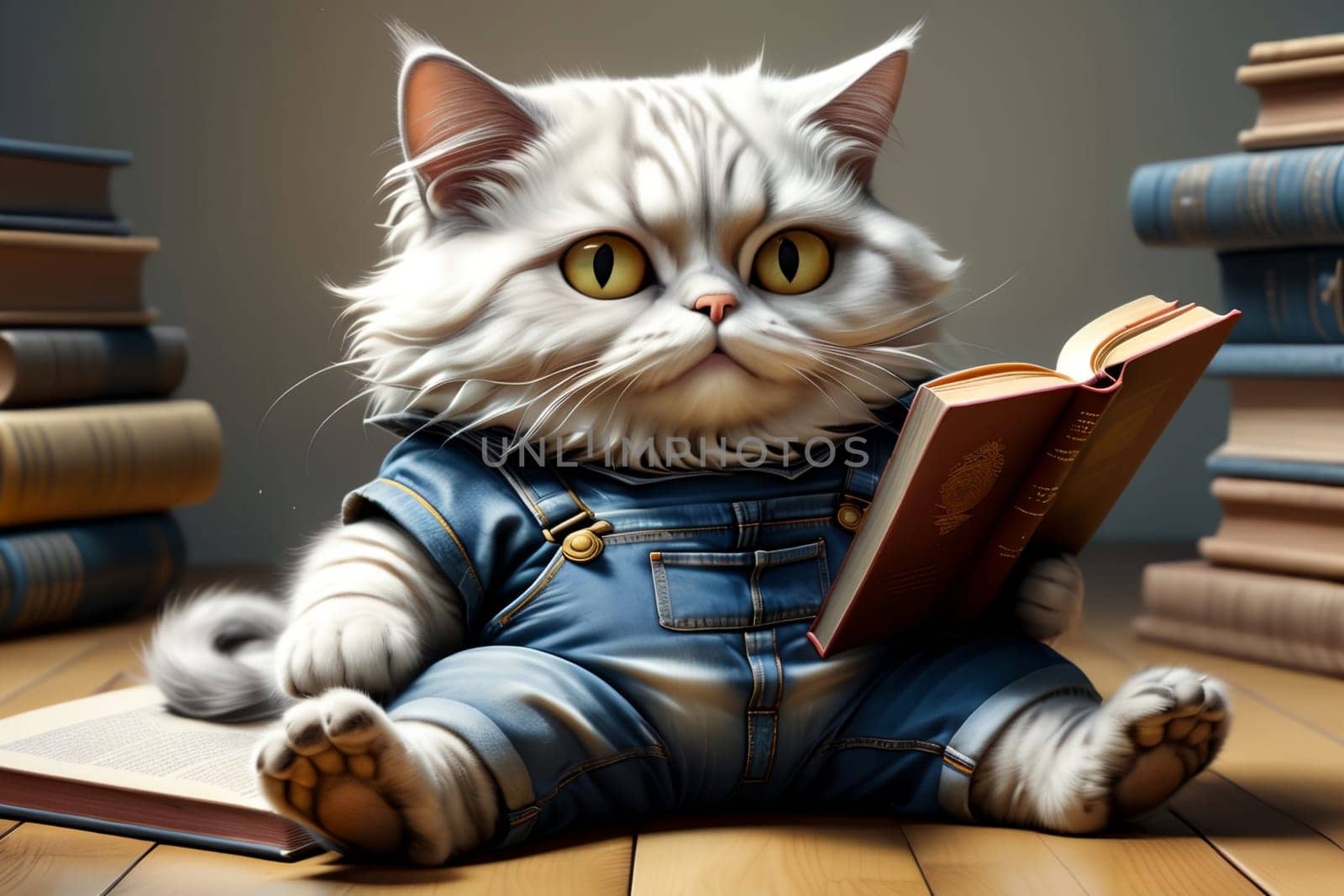 cute cat in denim overalls among books by Rawlik