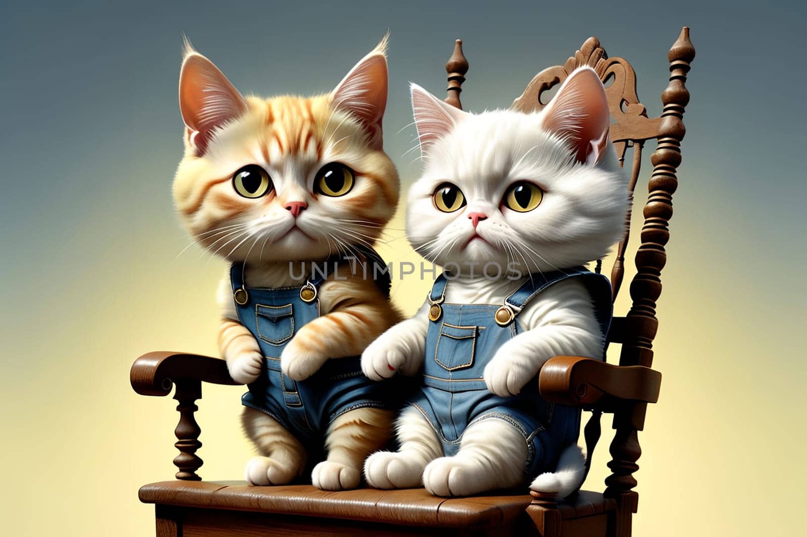 two cute kittens are sitting on a chair. AI generated image.