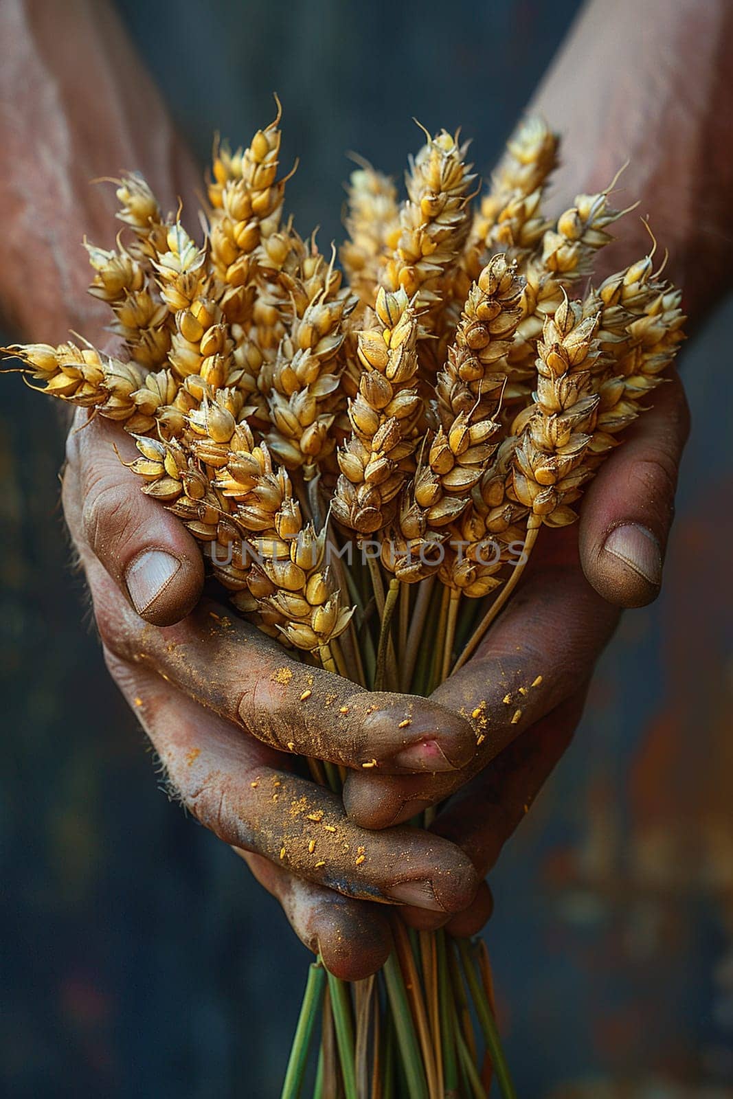 Hand holding a bundle of harvested wheat, symbolizing agriculture and harvest.