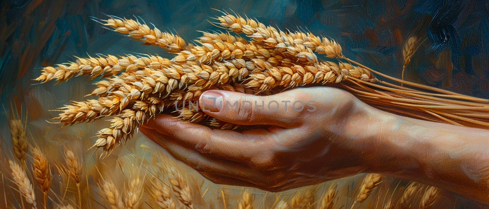 Hand holding a bundle of harvested wheat, symbolizing agriculture and harvest.