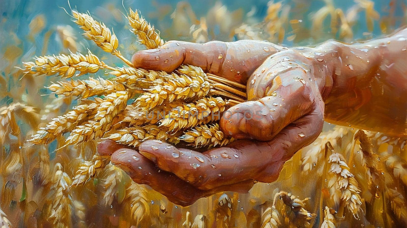 Hand holding a bundle of harvested wheat, symbolizing agriculture and harvest.