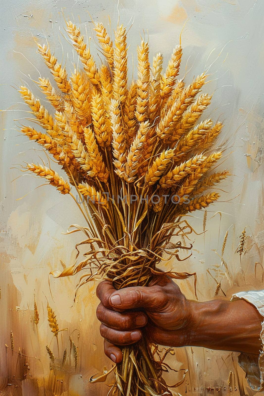 Hand holding a bundle of harvested wheat, symbolizing agriculture and harvest.