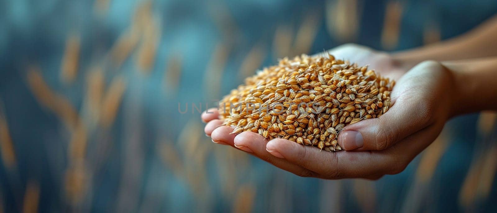 Hand holding a bundle of harvested wheat, symbolizing agriculture and harvest.