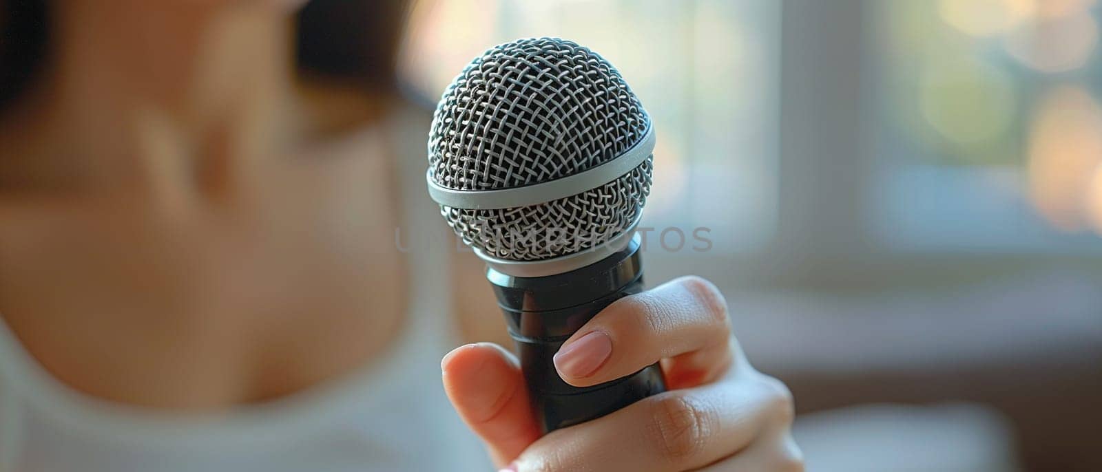 Hand holding a microphone, capturing expression, communication, and performance.