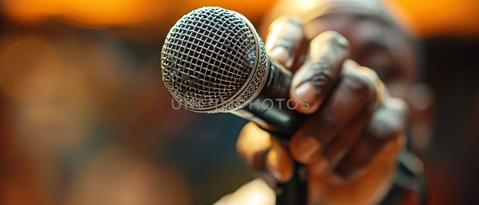 Hand holding a microphone, capturing expression, communication, and performance.