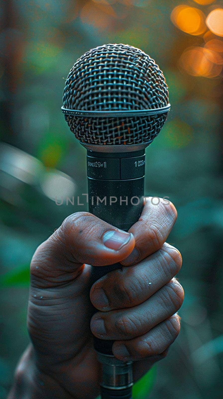 Hand holding a microphone, capturing expression, communication, and performance.