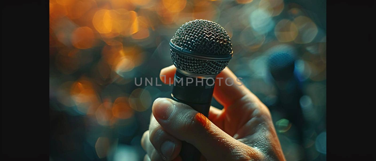 Hand holding a microphone, capturing expression, communication, and performance.