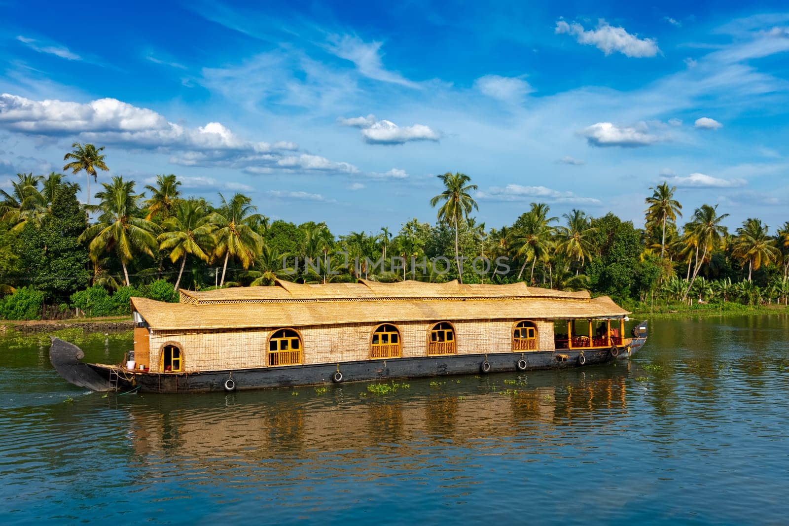 Kerala India tourism travel background - Houseboat on Kerala backwaters in Kerala state of India