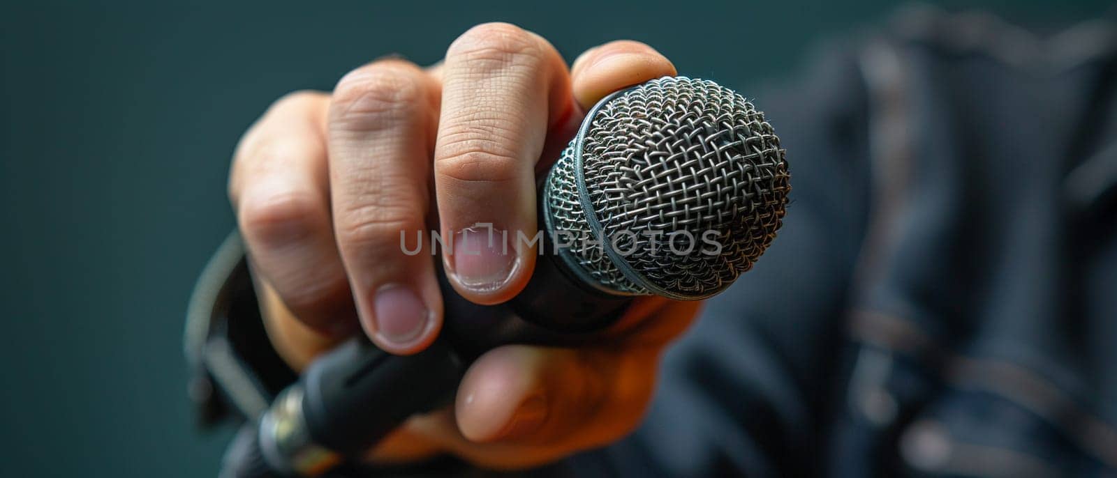 Hand holding a microphone, capturing expression, communication, and performance.