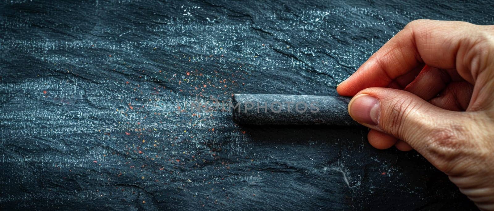 Hand holding a piece of chalk writing on a blackboard by Benzoix