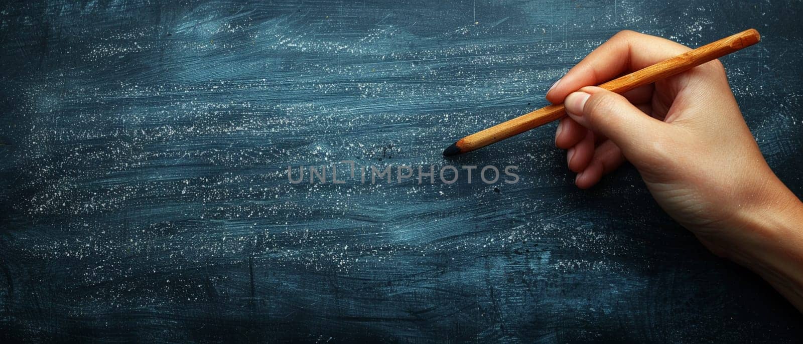 Hand holding a piece of chalk writing on a blackboard by Benzoix