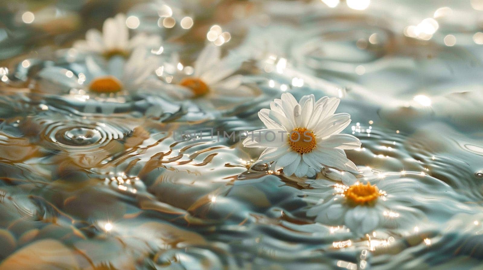 Chamomile flowers on the surface of water in drops, flowers Generative AI,