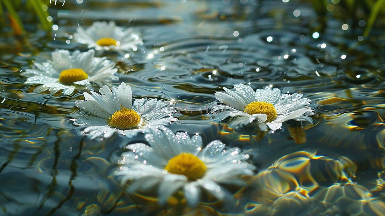 Chamomile flowers on the surface of water in drops, flowers Generative AI,