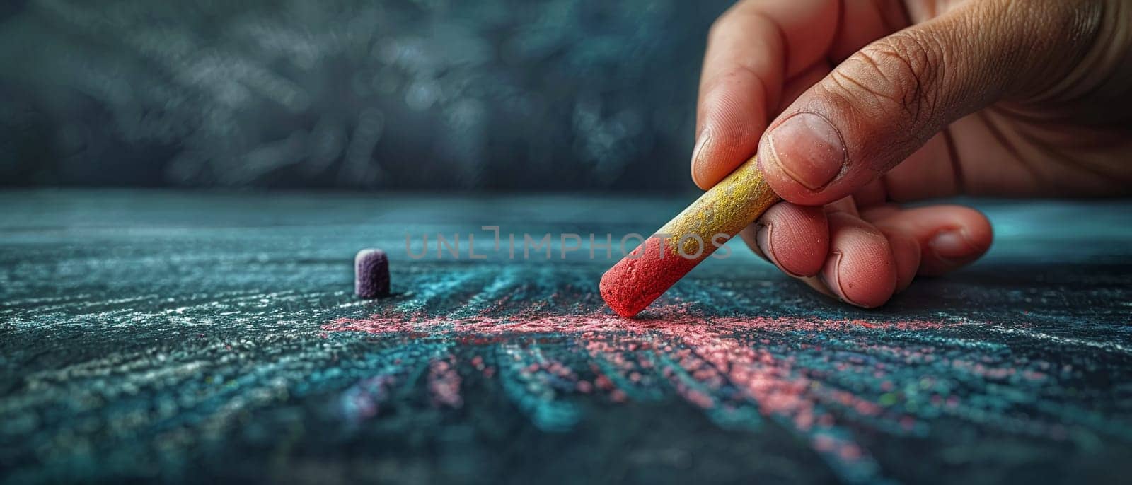 Hand holding a piece of chalk writing on a blackboard by Benzoix