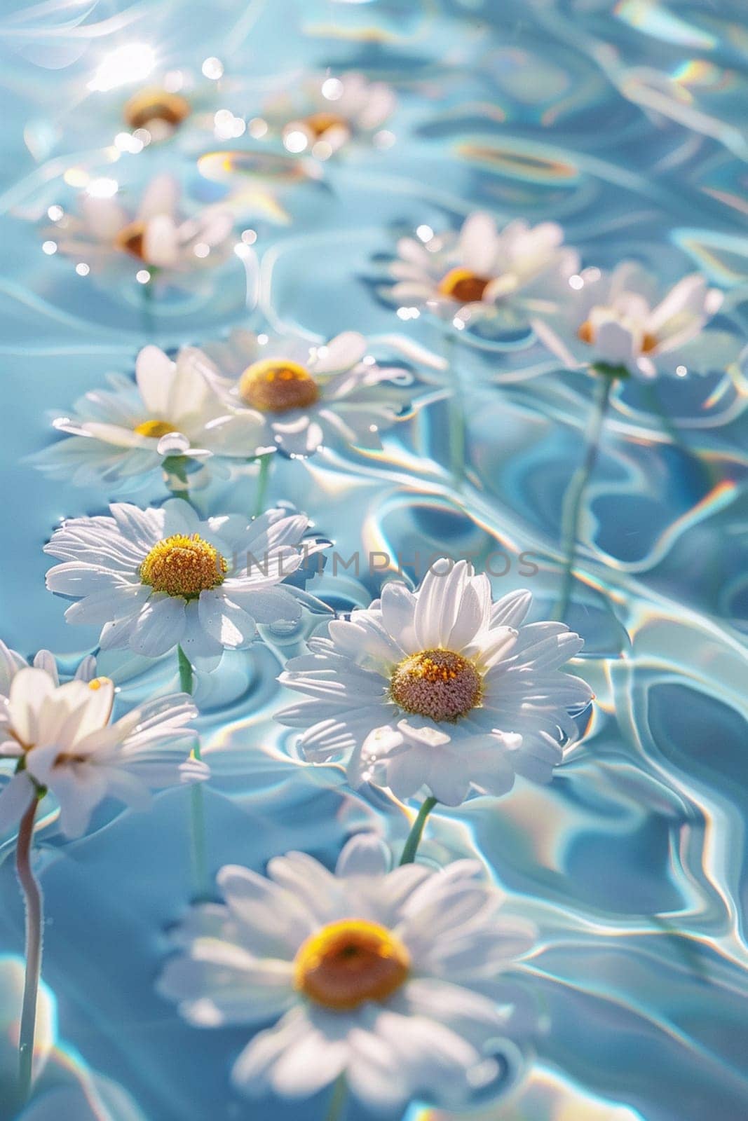 Chamomile flowers on the surface of water in drops, Generative AI, by mila1784