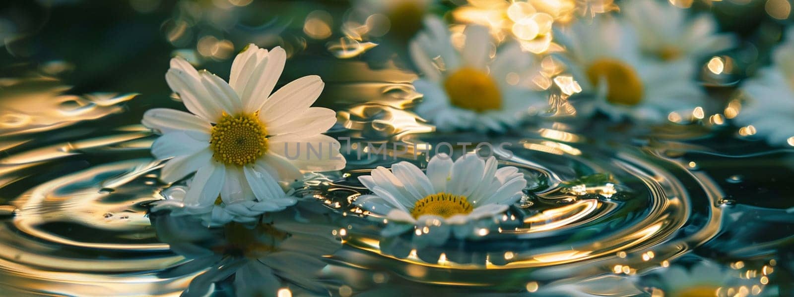 Chamomile flowers on the surface of water in drops, Generative AI, by mila1784