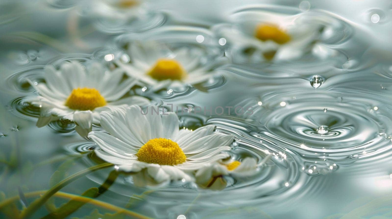 Chamomile flowers on the surface of water in drops, Generative AI, by mila1784