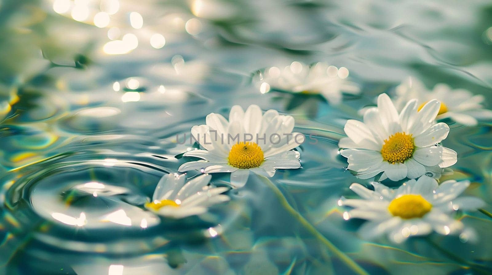 Chamomile flowers on the surface of water in drops, Generative AI, by mila1784