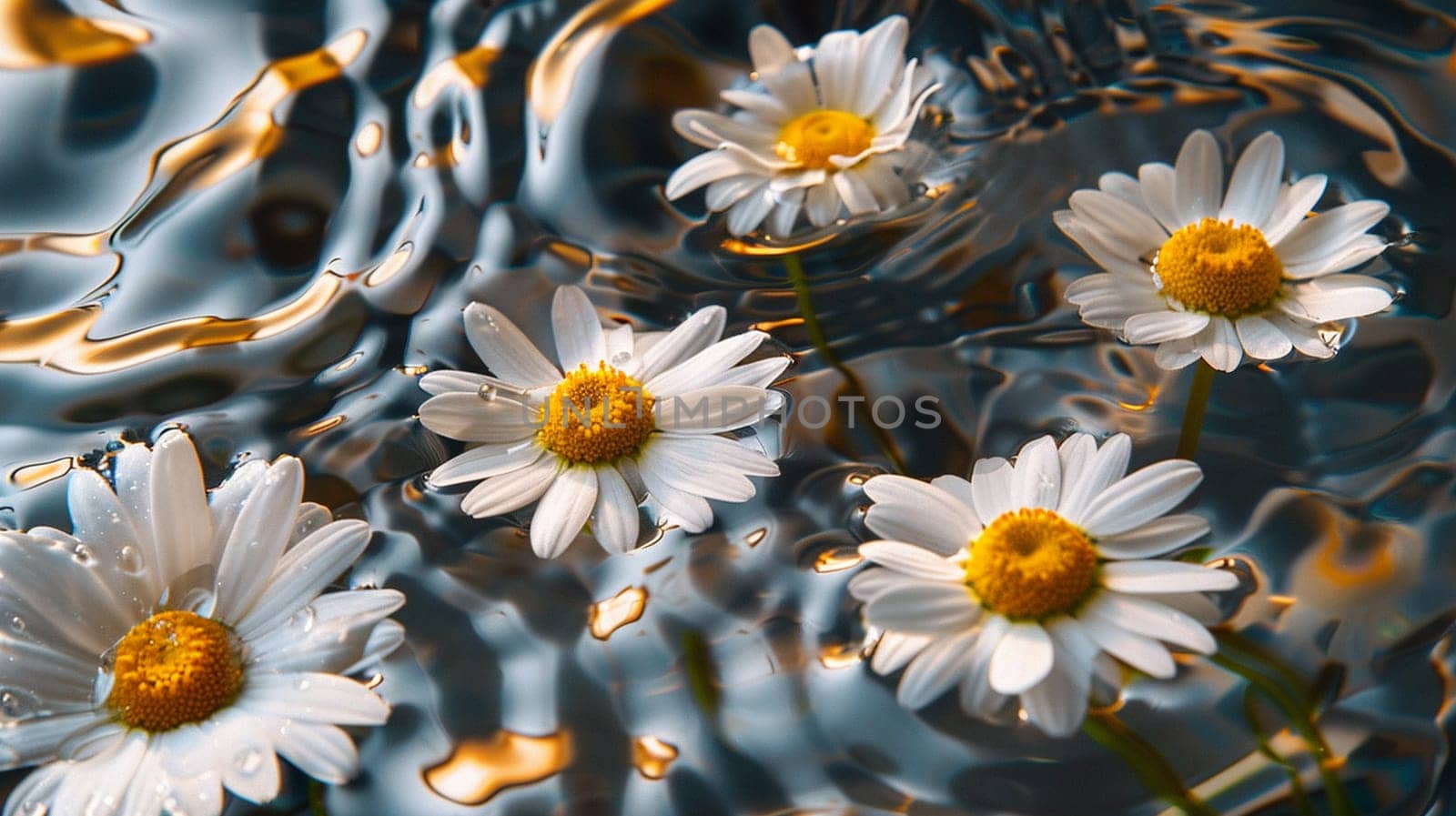 Chamomile flowers on the surface of water in drops, Generative AI, by mila1784