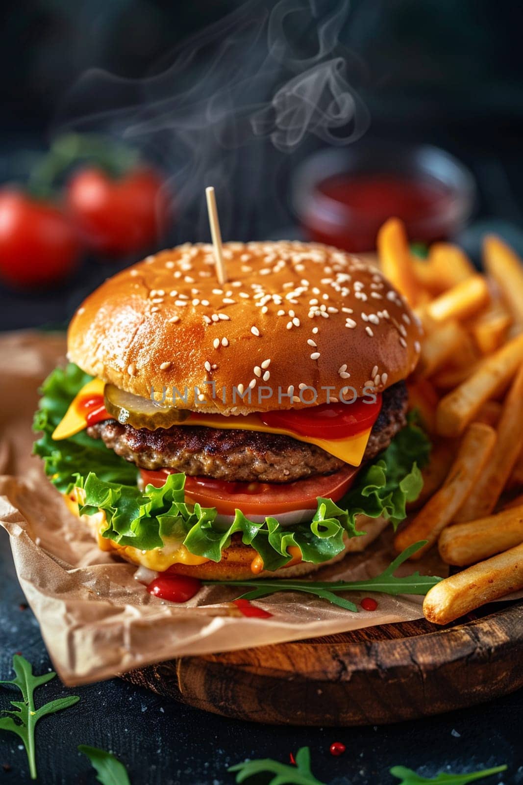 cheeseburger with fre fries on a wooden plate, food, Generative AI,