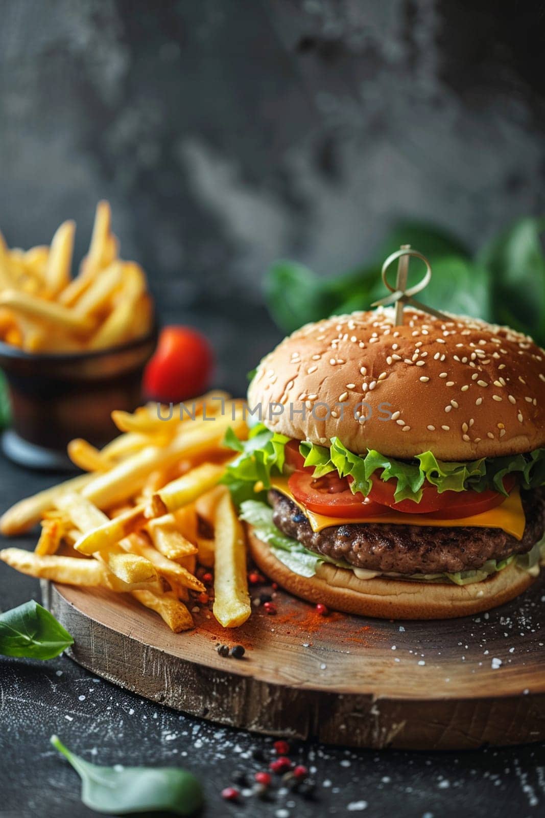 cheeseburger with fre fries on a wooden plate, food, Generative AI,