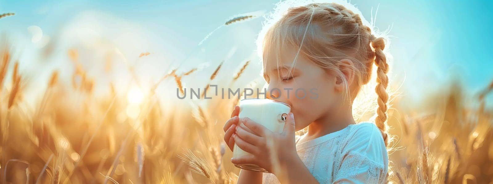child drinks a glass of milk against the background of a wheat field, Generative AI, by mila1784