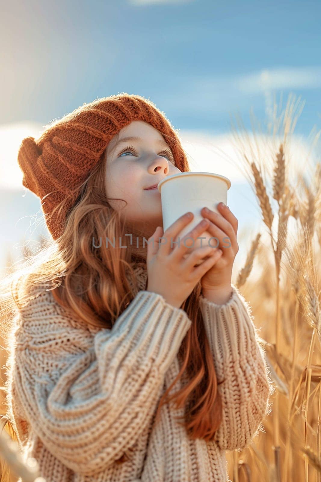 child drinks a glass of milk against the background of a wheat field, Generative AI, by mila1784