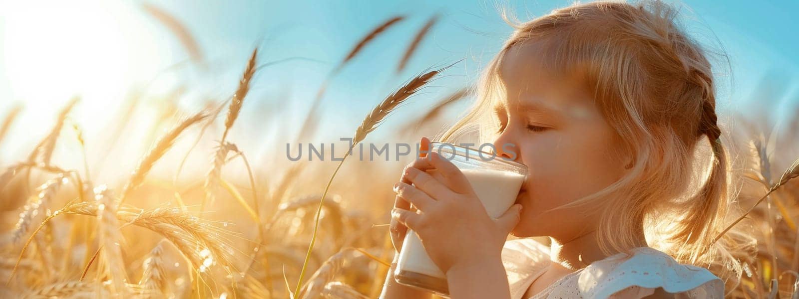 child drinks a glass of milk against the background of a wheat field, Generative AI, by mila1784