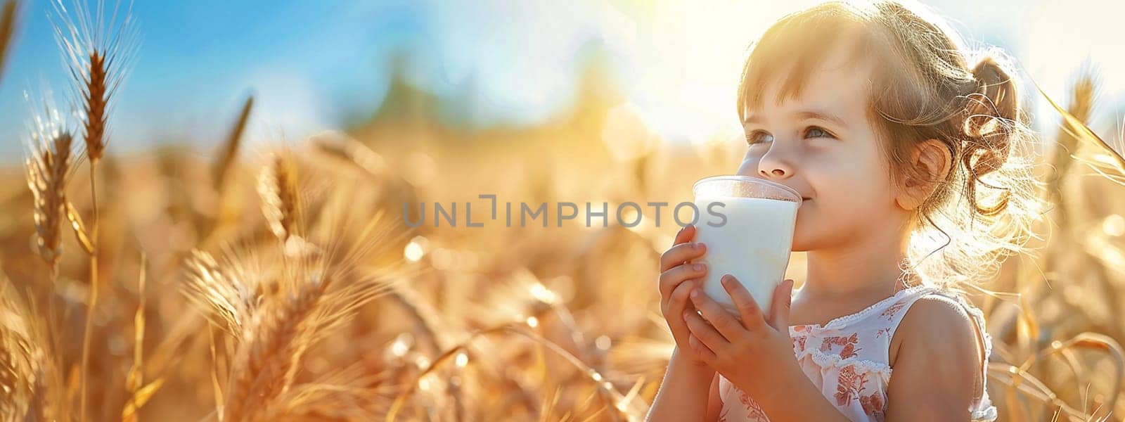 child drinks a glass of milk against the background of a wheat field, Generative AI, by mila1784