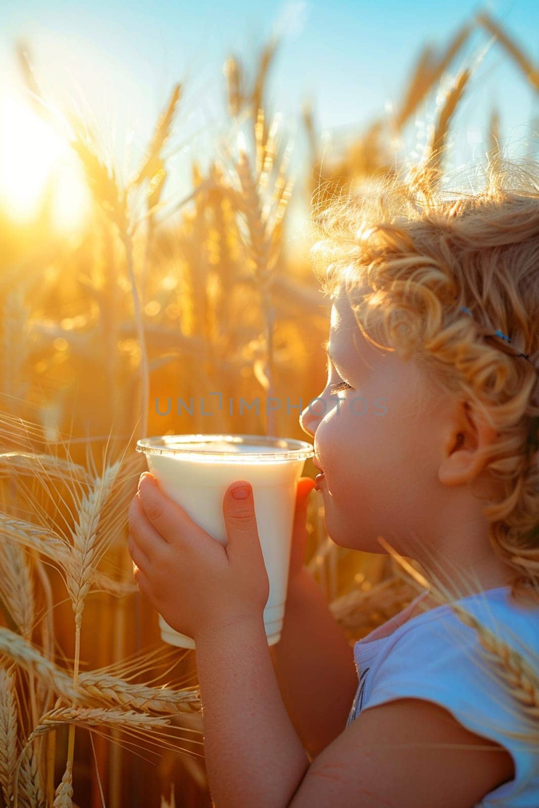 child drinks a glass of milk against the background of a wheat field, Generative AI, by mila1784