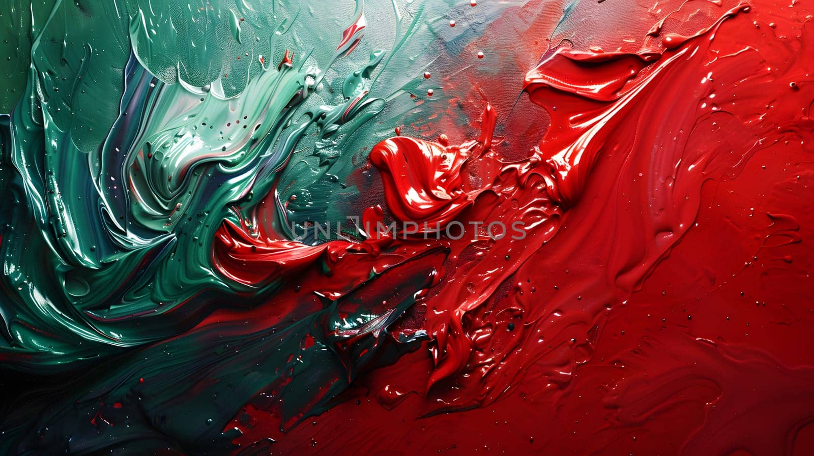 Close up of vibrant red and green art paint with liquid pattern. High quality photo