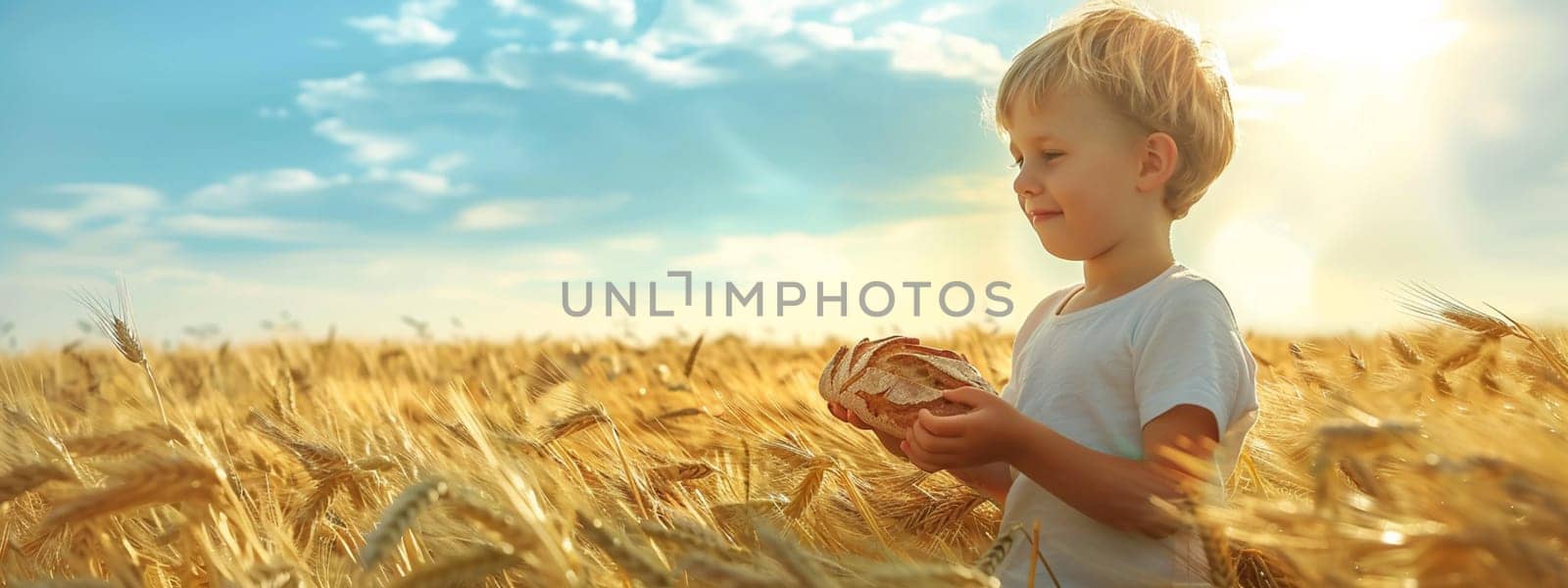 child holds bread in his hands against the background of a wheat field, food, Generative AI,