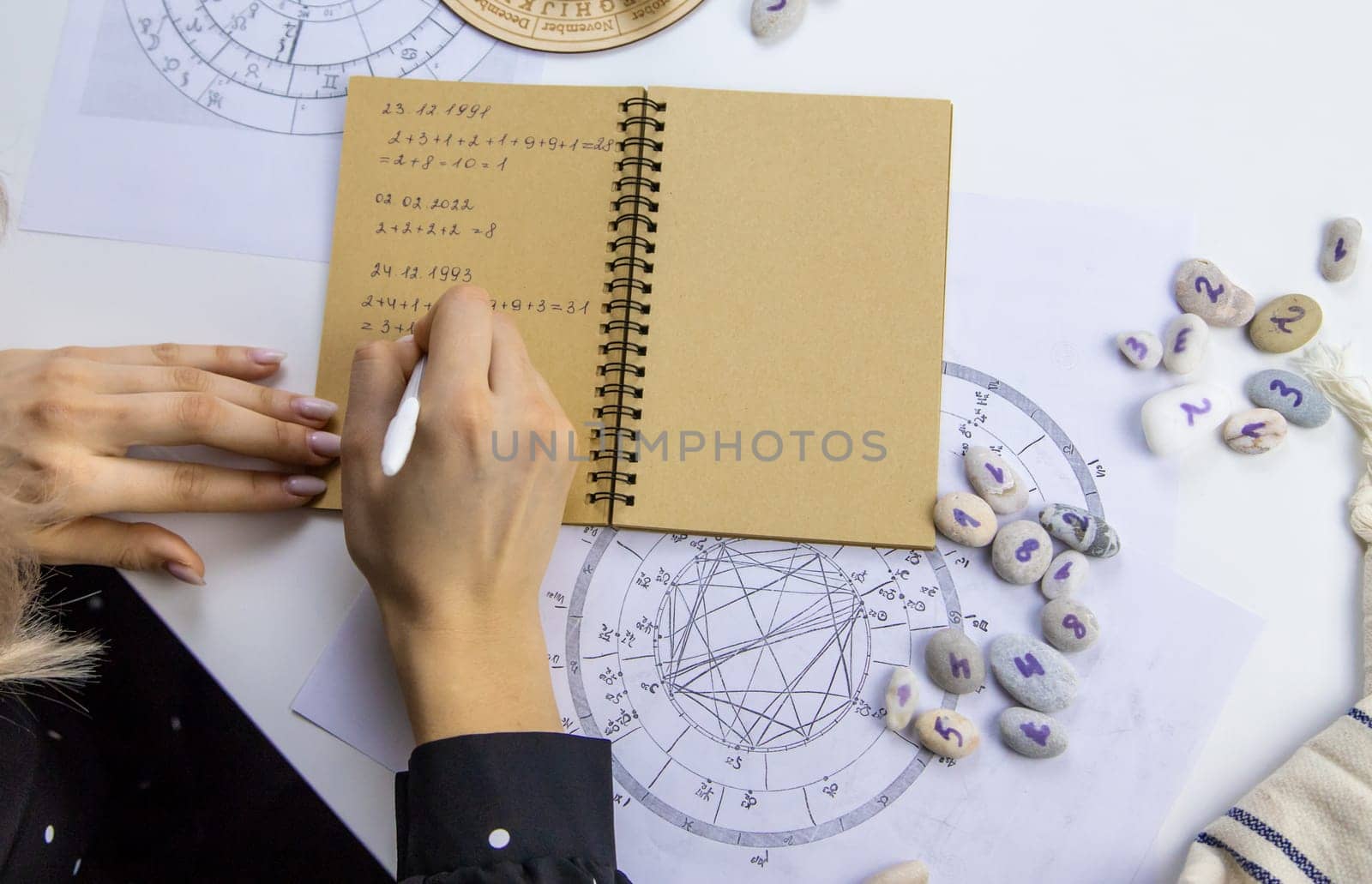 Woman numerologist astrologer counts numbers. Selective focus. People.