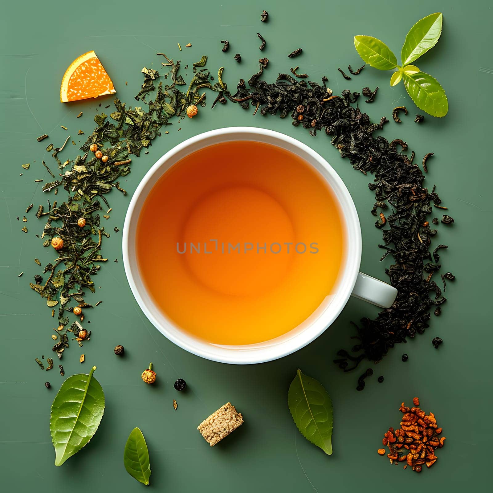 A Tableware set with a Cup holding Liquid tea made with Tieguanyin leaves, garnished with a slice of Rangpur orange, creating a refreshing Drink