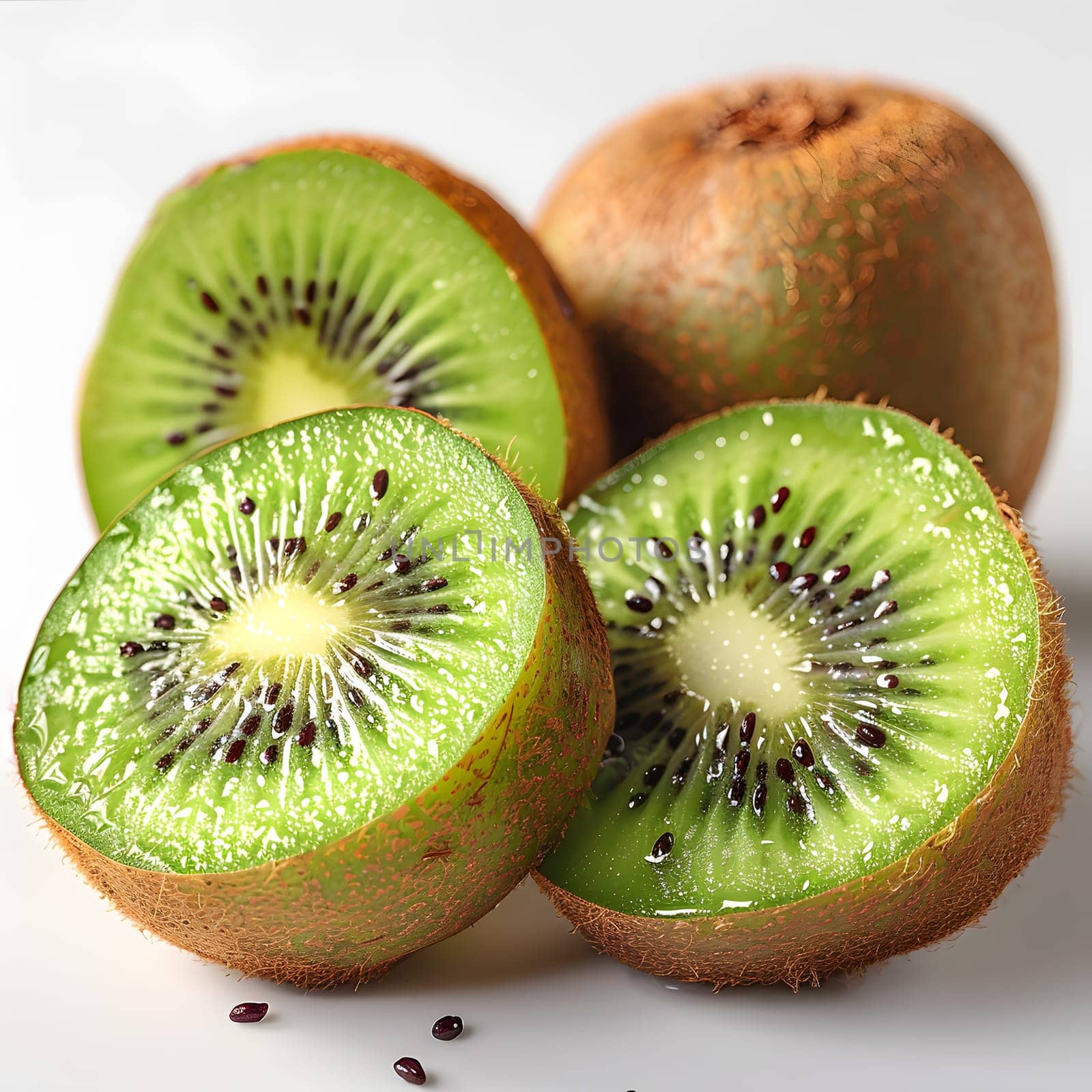 Four halves of Hardy kiwi fruits are displayed on a white surface. This green fruit is a staple food and ingredient in natural foods, produced from a terrestrial plant