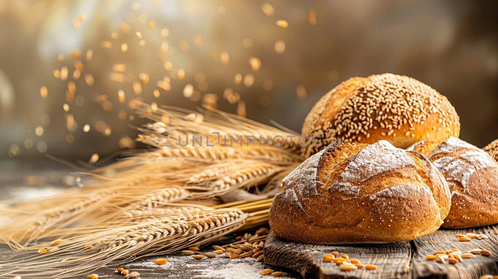 fresh bread on a wooden table with wheat, food Generative AI,