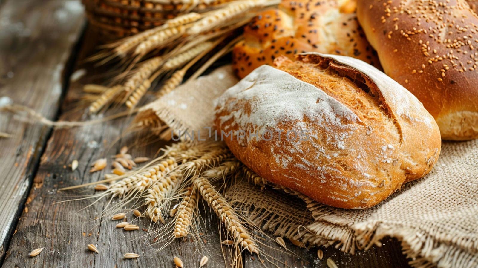 fresh bread on a wooden table with wheat, food Generative AI,