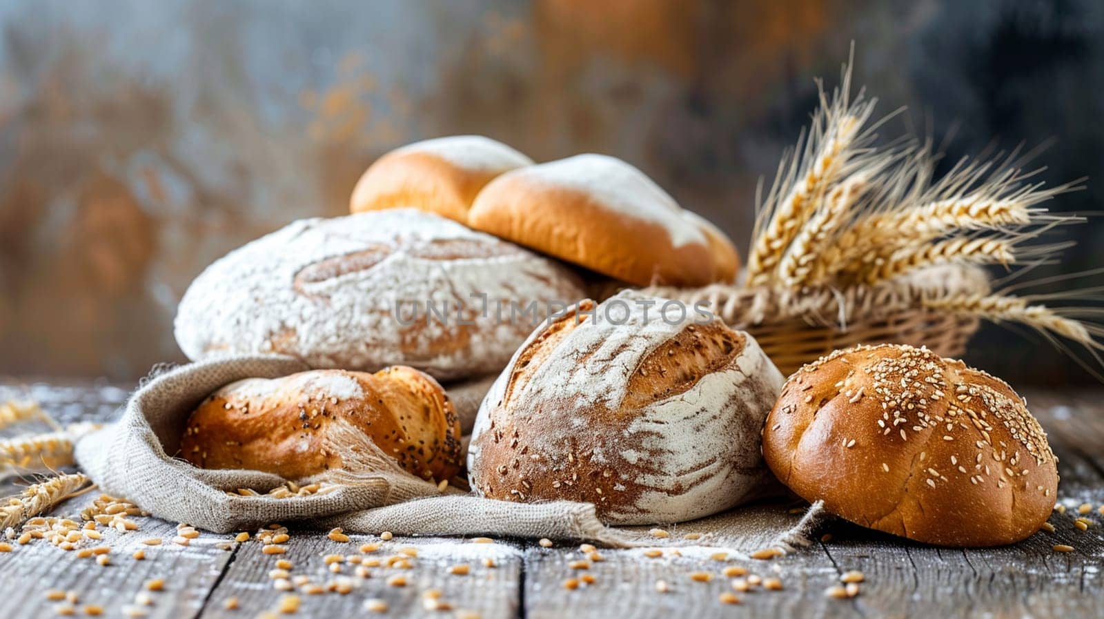 fresh bread on a wooden table with wheat, food Generative AI,