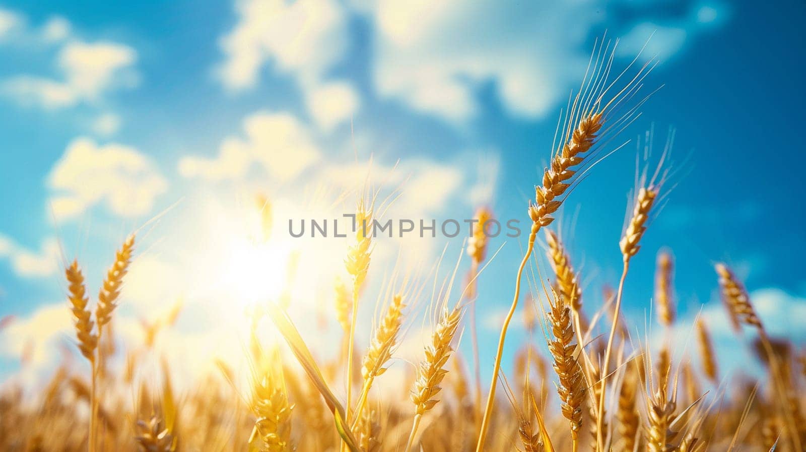 Growing wheat with sunlight and blue sky in the morning, food, Generative AI,