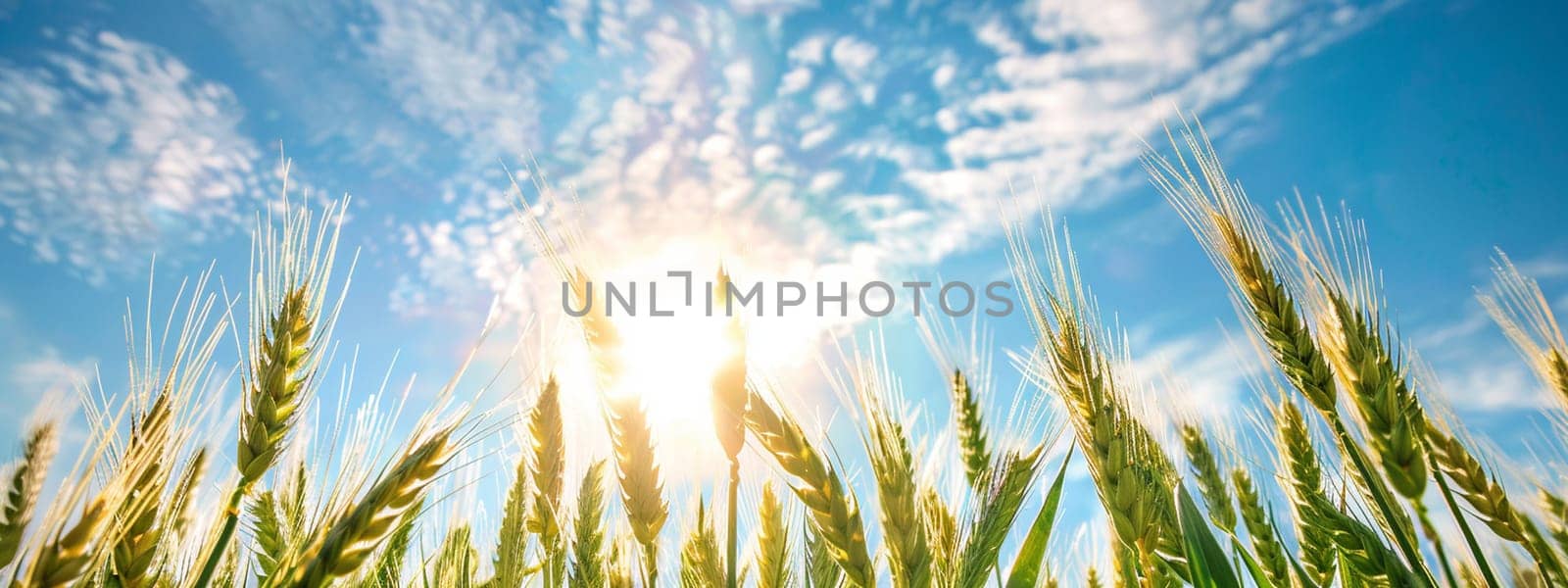 Growing wheat with sunlight and blue sky in the morning, food, Generative AI,