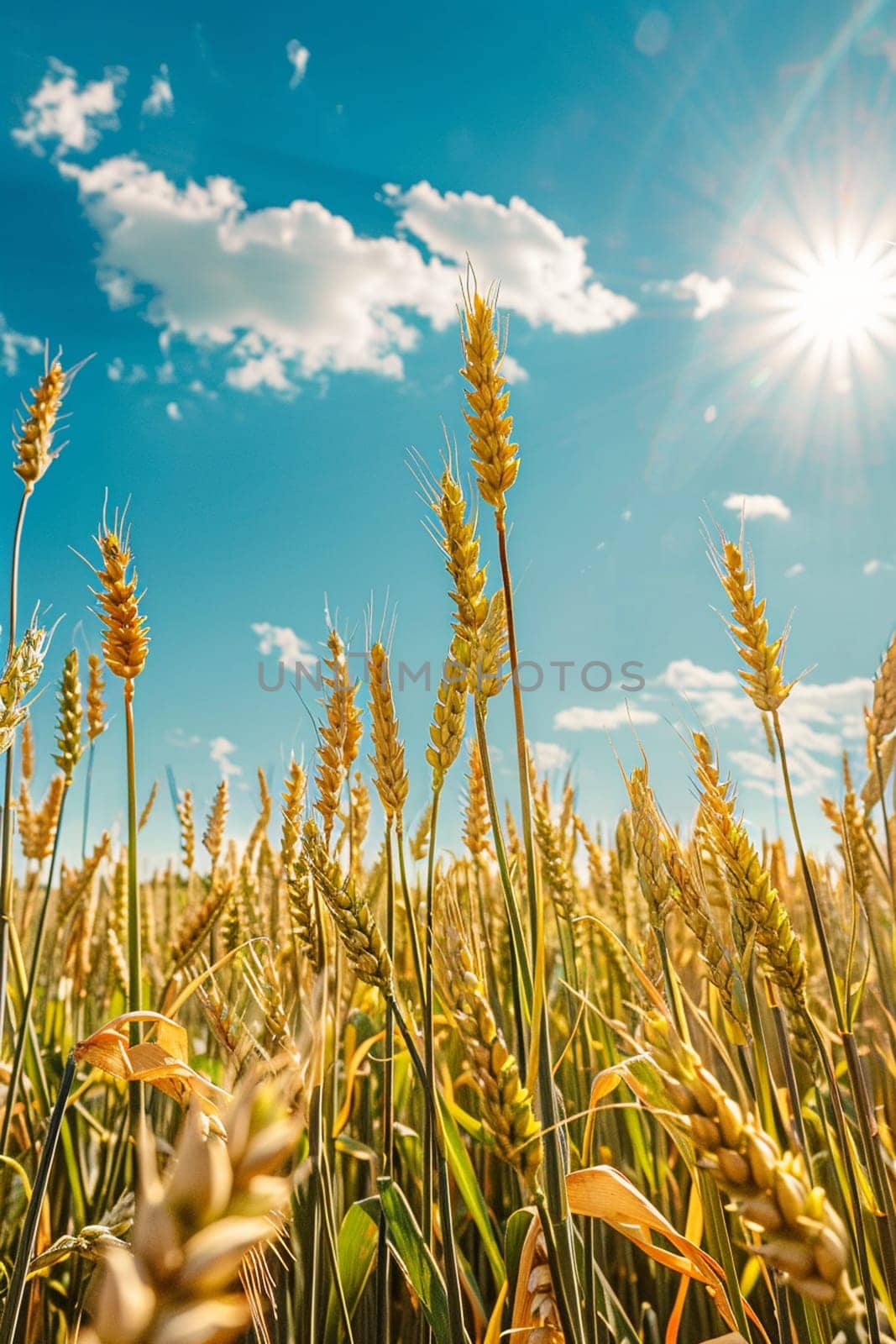 Growing wheat with sunlight and blue sky in the morning, food, Generative AI,