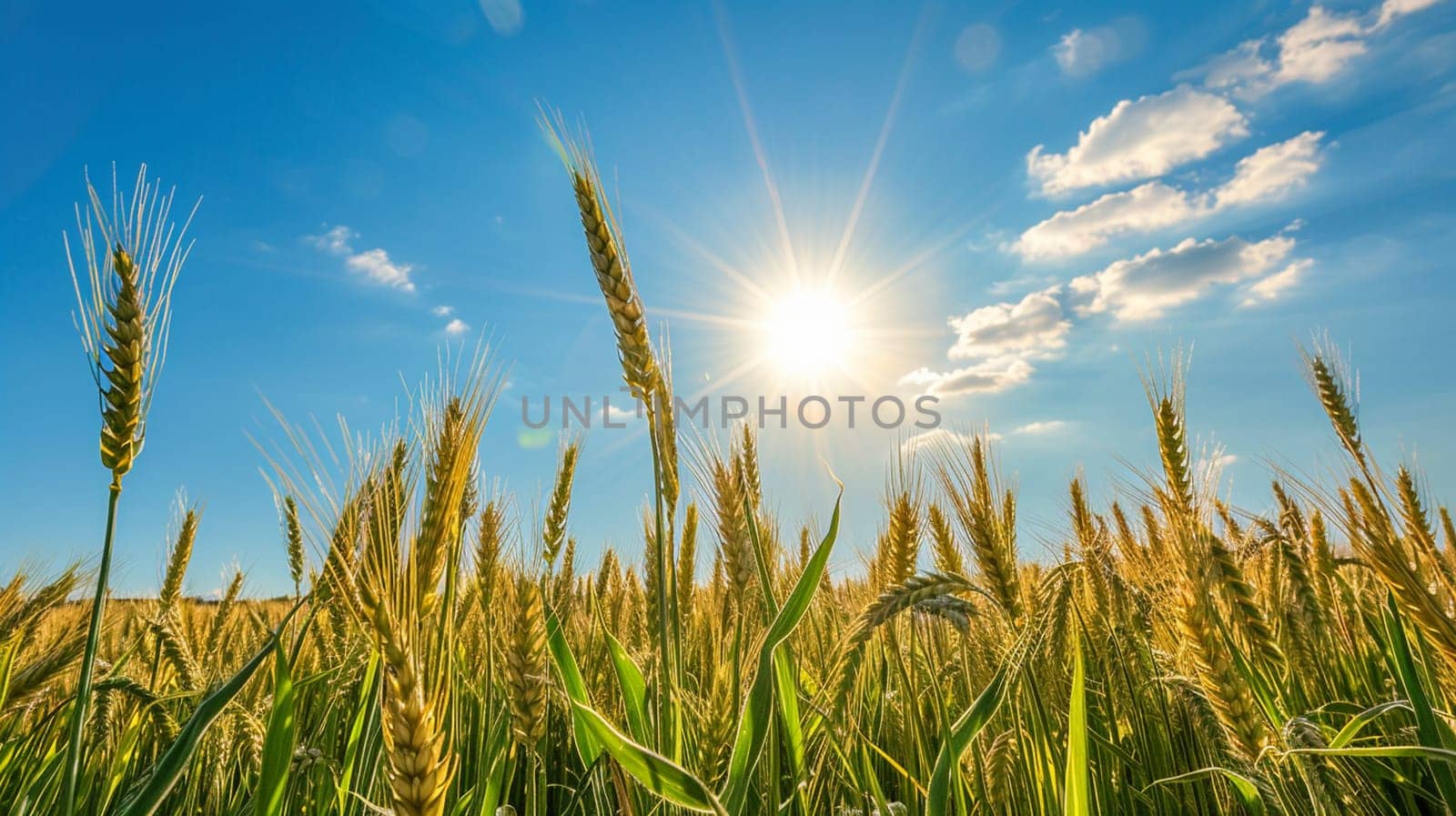 Growing wheat with sunlight and blue sky in the morning, food, Generative AI,