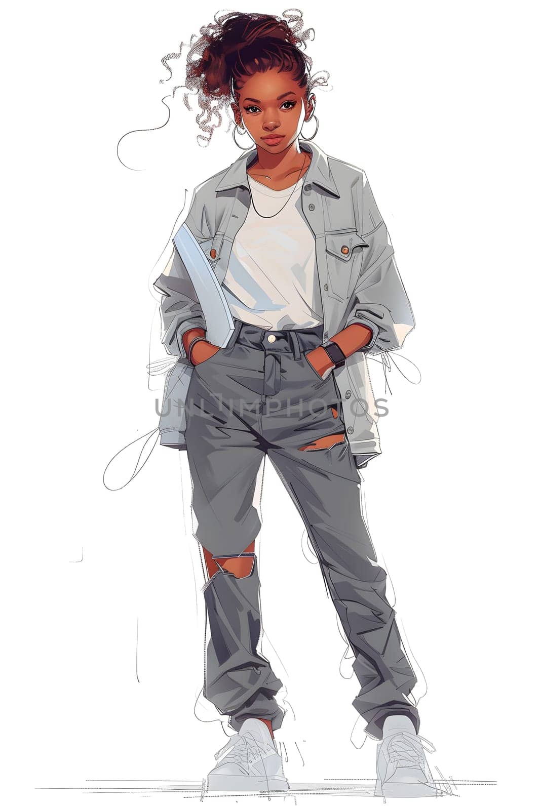 The woman in a denim jacket and ripped jeans stands with her hands in her pockets, showcasing a casual yet stylish look with a touch of edgy fashion design