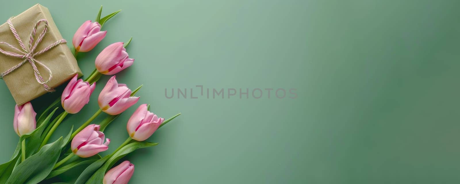 Banner with pink tulips and gift box on green background.