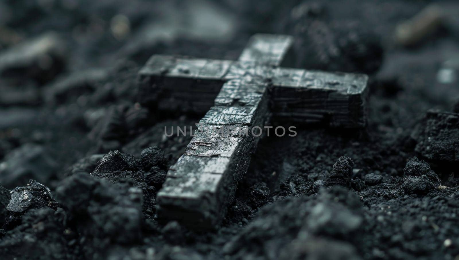 Charred wooden cross laying on dark soil